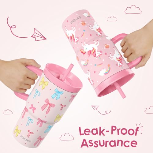 SANDJEST Bow Stainless Steel Tumbler 20oz with Handle and Silicone Straw Locking Lid for Kids Girls, Birthday Christmas Back to School - color: Bow 1