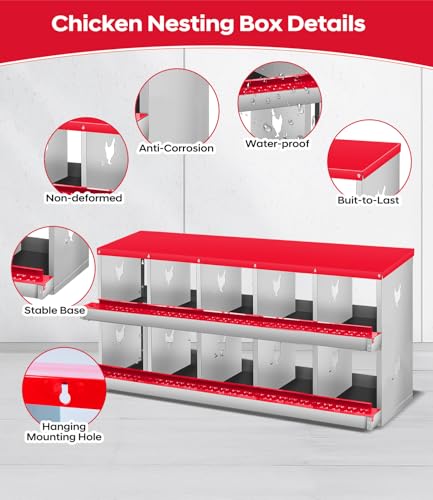Garvee Chicken Nesting Box, 10 Compartment Metal Nesting Box | Wall Mount Chicken Nesting Boxes for Laying Eggs,Easy Egg Collection,10 Room Nest Boxes for Chickens - color: Red, size: Red 10 Compartment