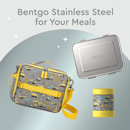 Bentgo Kids Stainless Steel Leak-Proof Food Jar for Hot or Cold Food | 11 fl oz Double Insulated Container with Removable Silicone Bumper, Dishwasher Safe, Easy Open Lid, Ages 3+ (Construction) - color: Construction Trucks