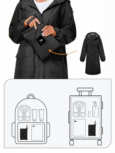SaphiRose Women's Lightweight Packable Waterproof Long Rain Jacket | Raincoat, rain coat, windbreaker, with hood, knee-length, pack in bag, mesh lining, outdoor, camping, travel, walking dog - color: Black, size: Small