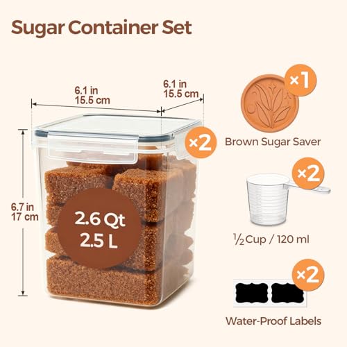 ComSaf Airtight Brown Sugar Containers with Terra Cotta Saver 2.6Qt 2Pack | Plastic Food Storage Canister with Lid, Sugar Flour Cereal Oats, Pantry Kitchen, Stackable Brown Sugar Keeper, Label & Scoops - size: 2.6Qt-Square