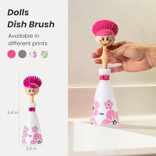Vigar Dolls April Dish Brush with Ergonomic Handle - White, Pink | Dish Scrubber, Kitchen Scrub Brush, Dishwashing Brush Tool for Kitchen Sink Cleaning, Cute Standing Design - color: White, Pink