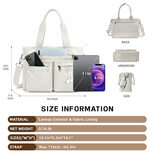Corduroy Tote Bag for Women with Pockets,Large Crossbody Purse for Laptop,Work,College,Everyday,Travel - color: Khaki