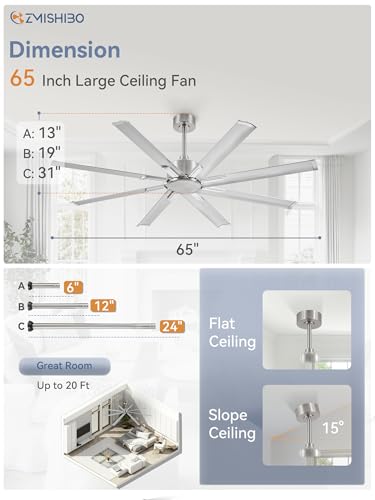 ZMISHIBO 65 Inch Ceiling Fan without Light, 8 Aluminum Reversible Blades | Industrial-Grade, DC Motor, Damp Rated, 6 Speeds, Remote Control, 3 Downrods, Flat/Sloped Ceiling, Living Room, Patio, Gym - color: Nickel, size: 65inch