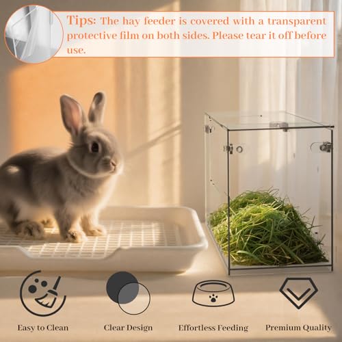 Acrylic Rabbit Hay Feeder with Lid, Transparent Hanging Food Dispenser Hay Feeder for Bunny Rabbits Guinea Pig Cage Chinchillas Hamsters Small Pets and Animals（Small - size: S
