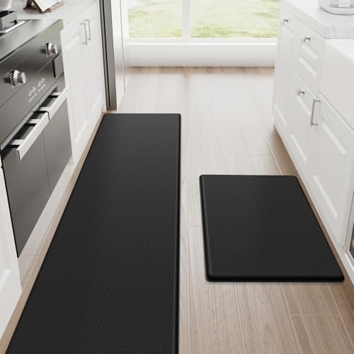 StepRite Kitchen Mats for Floor, 2-Piece Anti-Fatigue Kitchen Rugs, Black | 17.3" x 30" + 17.3" x 70", cushioned comfort, water-resistant, easy to clean, non-slip bottom, kitchen floor, standing desk - color: Black, size: 17.3" x 30"+17.3" x 70"-0.4 inch