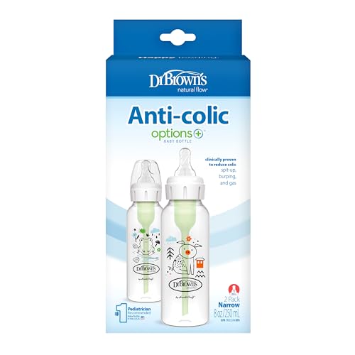 Dr. Brown's Natural Flow Anti-Colic Options+ Narrow Baby Bottle,Frog and Pig,8 oz/250 mL,with Level 1 Slow Flow Nipple,BPA-Free,0m+,(Pack of 12) - color: Orange & Green (Pig & Frog), size: 1 Count (Pack of 12)