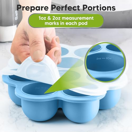 KeaBabies Silicone Food Freezer Trays with Lid, 2oz x 10 Pods (Misty Blue) | Baby Food Storage Containers, Easy Puree Meal Prep, Breast Milk Silicone Freezer Molds, Dishwasher, Microwave Safe, BPA-Free - color: Misty Blue