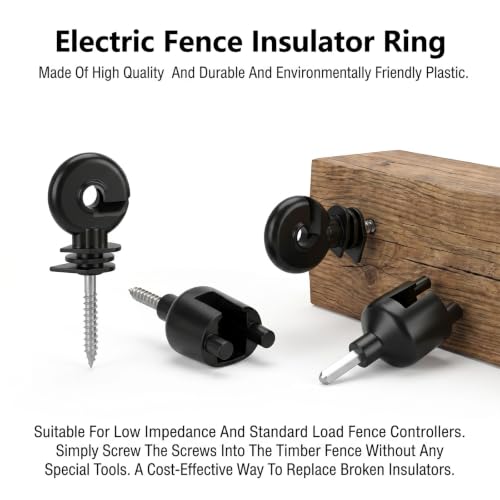 60PCS Electric Fence Insulator Screw with 1 Pcs Insulator Socket Tool, Insulators Fence Ring Post Wood Post Insulators, Screw in Ring Posts Wood Posts Electric FenceRing (Black)