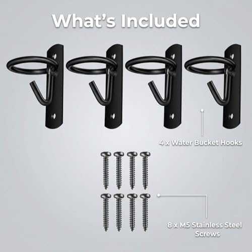 QWORK Metal Bucket Hangers for Horse Stalls, Black Wall Mount Holder with Ring Attachment, Multi-Purpose for Horses, Goats, Donkeys, and More - Includes 4 Hooks and Stainless Steel Screws
