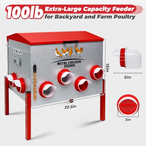 Automatic Chicken Feeder 100LBS Large Capacity, 12 Anti-Waste Ports Metal Poultry Feeder with Height Adjustable Stand, Waterproof Rodent Proof Feed Box with Lid Viewing Window for Hens Ducks Geese - size: 100LBS