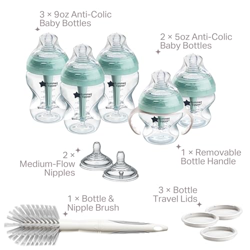 Tommee Tippee Advanced Anti-Colic Baby Bottle Set, Newborn 0m+ | 12 Pieces, 5oz & 9oz BPA Free Bottles, Slow & Medium Flow Breast-Like Nipples, Bottle Handles, Cleaning Brush - color: Clear, 12 Pieces