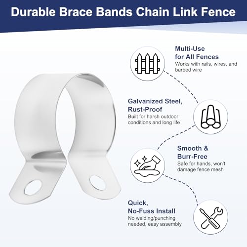 M METERXITY 6-Pack Brace Bands Chain Link Fence Parts, 1 Inch Galvanized Steel Chain Link Brace Band with Bolts and Nuts for Fence/Gate/Posts/Rust-Resistant