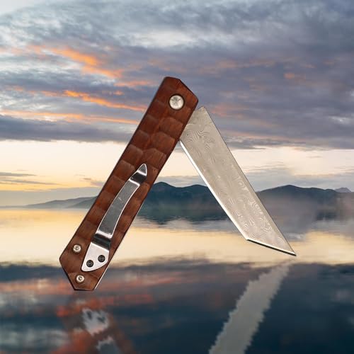 allvin R8406 Damascus Flipper Knife VG10 Damascus Steel Tanto Point Blade Rosewood with Steel Sheet Handle Outdoor Fishing EDC Pocket Knives