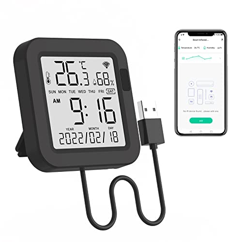 eMylo WiFi Thermometer Hygrometer, Smart IR Remote, Digital Temperature and Humidity Sensor with Backlight, Universal IR Remote Compatible with Alexa and Google Assistant