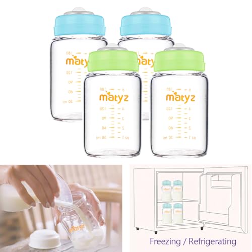 Matyz Glass Breastmilk Storage Containers, 4 Pack, 6 oz Bottle, Fit with Spectra Medela Avent Pump - Wide Mouth Breastmilk Collection and Storage Bottle with Lids - No BPA (2 Green & 2 Blue Lids) - color: [Pack of 4] 2 Green & 2 Blue Lids - 6 Ounce Clear