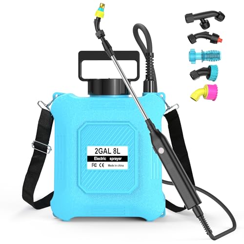 Battery Powered Sprayer 2 Gallon Electric Garden Sprayer for Plants & Weeds | Spray plants, tackle weeds & patios. USB-C rechargeable, 6 nozzles, stainless steel wand for all outdoor tasks. - color: BLUE