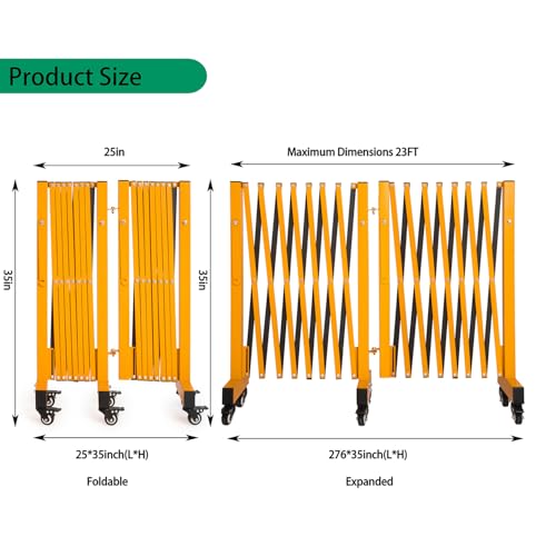 23FT Industrial Expandable Barricade Folding Security Gate with Wheels,Retractable Driveway Gate with Aluminum Fence - color: Yellow, size: 23 feet