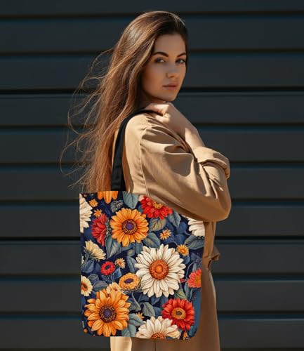 Aesthetic Floral Canvas Tote Bag - Reusable Shoulder Tote Bag for Women Lady Casual Vacation, Shopping, Work, Gym - color: 1