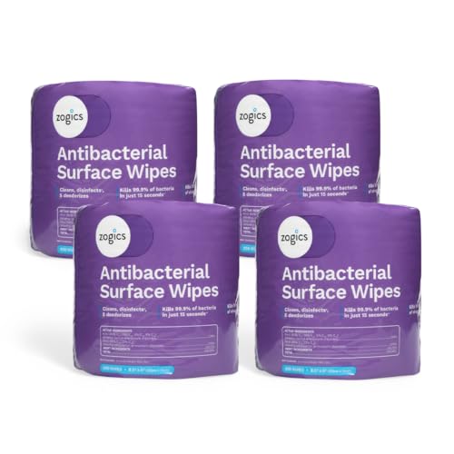 Zogics Antibacterial Disinfecting Wipes, 4 Rolls, 3,200 Count | Kills 99.9% of germs in 15 seconds, for hard nonporous surfaces, countertops, door handles and equipment - size: 1 Count (Pack of 4)
