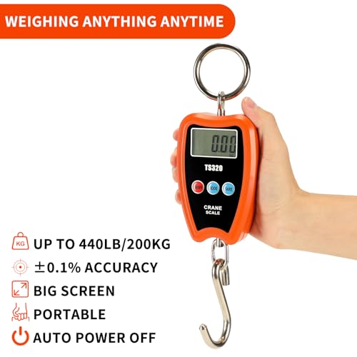 440lb/200kg Digital Crane Scale - Compact LCD Handheld Hanging Scale for Garage, Farm, Hunting, Fishing & More(200kg/Plastic/Orange) - color: 200kg/Plastic Shell/Orange