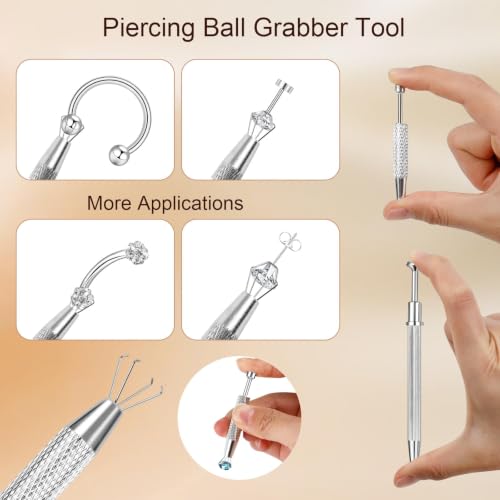 ONESING 2Pcs Piercing Ball Grabber Tool for Changing Jewelry, Stianless Steel Flat Back Earring Applicator Internally Threaded Push Pin Piercing Grabber Tool - color: Silver-J