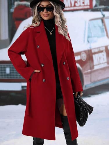 utcoco Womens Long Wool Pea Coat Notched Lapel Double Breasted Trench Coat Winter Warm Overcoat with Belt - color: Red, size: XX-Large