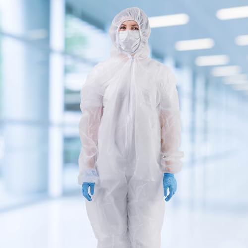 AMZ Medical Supply Disposable Coveralls with Hood and Boots, Large White, 25 Pack, Lightweight Polypropylene Paint Suit, Zipper Front, Elastic Wrists, Unisex Work Coveralls - size: Large / 25 Pack