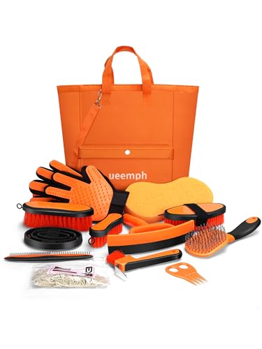Horse Grooming Kit（13-Piece），Orange Horse Brushes,Storage Bag, Sweat Scraper,Mane Comb,Horse Grooming Gloves, Gifts for Girls (Orange) - color: Orange