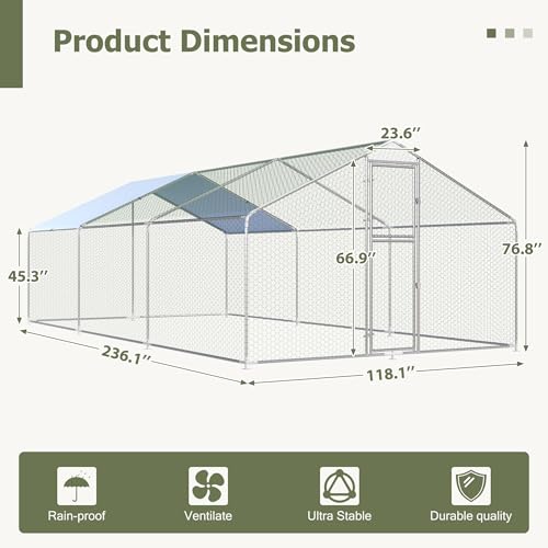 Large Metal Chicken Coop,19.7x9.8x6.4 FT Chicken Run for Yard with Waterproof & Anti-UV Cover,Walk in Chicken Pen with Feeding Door (19.7 * 9.8 * 6.4 ft) - size: 236.1"L x 118.1"W x 76.8"H