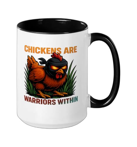 Chickens Are Warriors Within Funny Poultry Ninja Ceramic Mug, Black/White, 15oz - color: Black/White, size: 15 Ounces