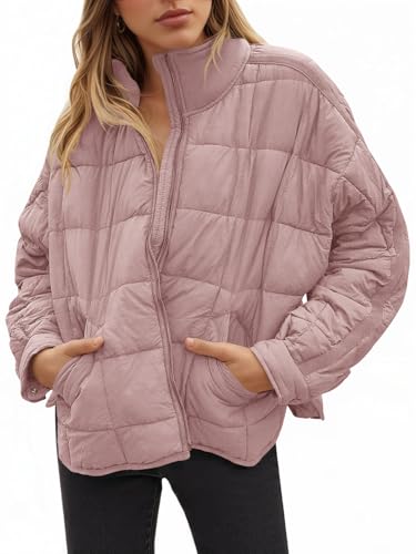 GeGekoko Women's Lightweight Oversized Long Sleeve Zip Water Resistant Packable Puffer Jacket Warm Short Winter Coat - color: Pink, size: X-Large