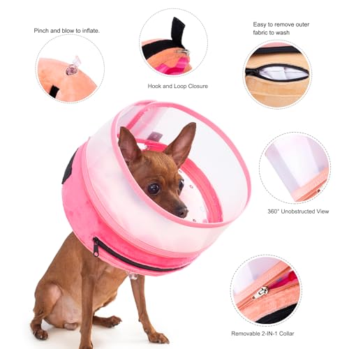 Inflatable Dog Cone Collar for Large Medium Small Dogs, Soft Dog Donut Collar Adjustable Recovery Cone for Pets After Surgery, Extra Enhanced Anti-Licking Guard Shield (Pink Donut, Medium) - color: Pink Donut, size: Medium