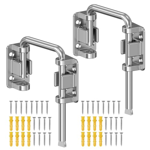 Sliding Door Loop Lock, 90/180 Degree Patio Door Latch 2 Silver | Stainless Steel Home Security Loop Latch for Sliding Barn/Single/Double Opening Gate, Shed, Closet, Window, Fence - color: Silver-2PCS