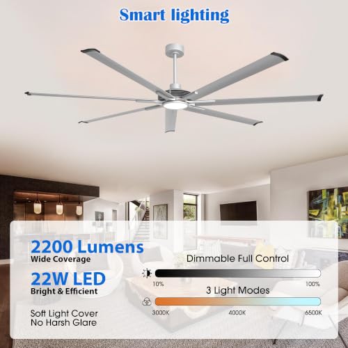 100" HVLS Ceiling Fan with Light/Remote, Large Rooms, Nickel | High-Volume Air Circulation Large Open-Space 24W 3CCT Dimmable LED Aluminum Blades Reversible High Ceiling - color: Sliver, size: 100-inch