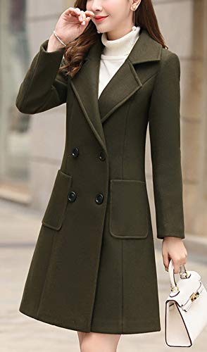 chouyatou Women Elegant Notched Collar Double Breasted Wool Blend Over Coat - color: Army Green, size: Small