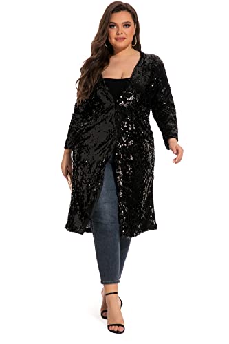 - 610 - Long Sleeves Full Sequins Open Front Duster Cardigan Cover-up Jacket Coat - color: Black, size: 1X