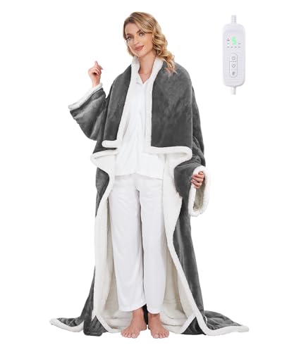 SIHOHAN Portable Heated Blanket with Foot Pockets for Wearable | Heated Throw Blanket, Flannel & Sherpa, 8 Heat Levels & Timer, 50x70 Inch Grey Home Office Travel, Machine Washable - size: 50*70 Grayish White