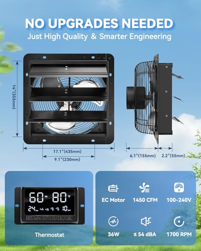 14" Wall Mounted Shutter Exhaust Fan with Thermostat - Temperature Humidity Controller, EC Motor, Aluminum Auto Shutter Ventilation Fan, Attic Vent Fan, Coops, Greenhouse, Barn, Shed Ventilator - size: 14"