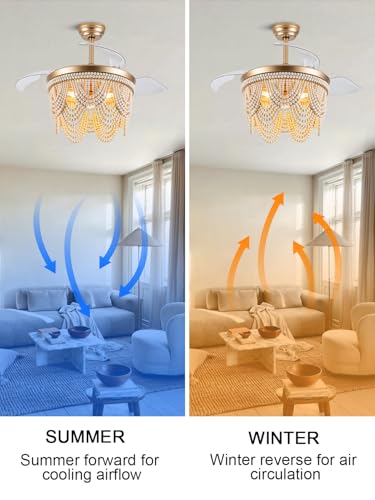 42“ Boho Fandalier Ceiling Fan with Light Retractable Ceiling Fan | Wood Beaded Chandelier Light for Bedroom Living Room, Coastal Fandelier, Reversible Quiet 6 Speeds 3 E26 Bulbs (Not Included) - color: Gold
