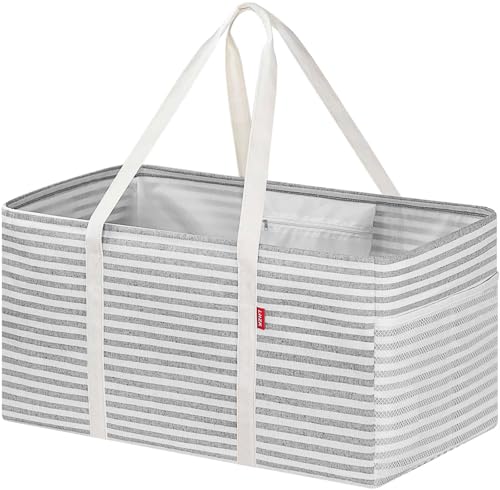 LHZK Standing Extra Large Utility Tote Bag with Metal Wire Frame and the Sides Rinforced, Extra Large Tote Bag with Handle, Reusable Grocery Bags Foldable, Beach Bag, Car Tote (Grey, 26''x15''x13'') - color: Gray, size: 26''x15''x13''-1 Pack