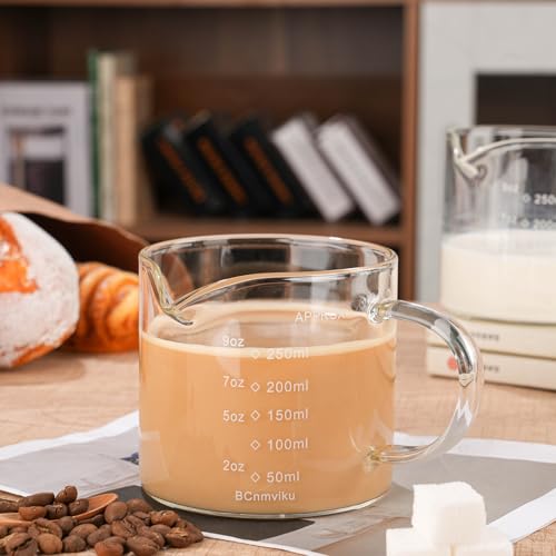 BCnmviku Espresso Cup Measuring Cup Triple Pitcher Milk Cup 250ML/8.5OZ Espresso Cups with Handle Shot Glass with V-Shaped Mouth Clear Accessories Milk Frothing Pitcher (1)