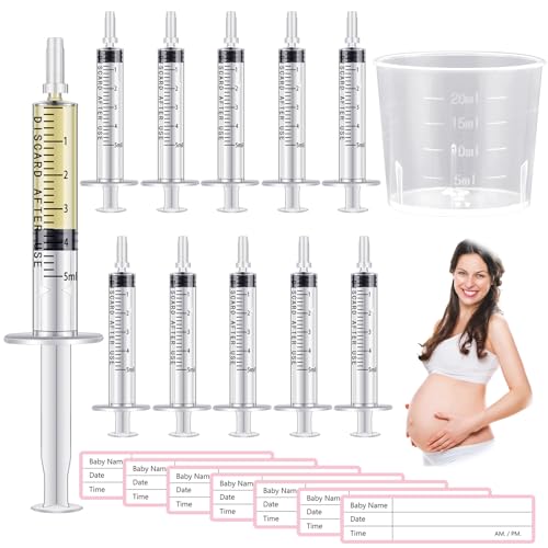 Trelaco 100 Sets 5 Ml Breast Milk Syringes No Needle Colostrum | Sterile Sealed with Caps and Cup, Baby Name Labels, Needle-free Harvesting for Storing Freezing Milk, For Postpartum Moms - size: 5 ml