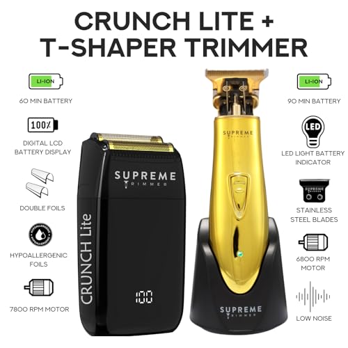 Supreme Trimmer 2-in-1 Crunch Lite Foil Shaver & T-Shaper Trimmer Set | ST5200 Beard Trimmer STF600 Electric Razor | Travel or at Home Hair Cutting Kit | Gold - style: Gold TShaper & Crunch Lite
