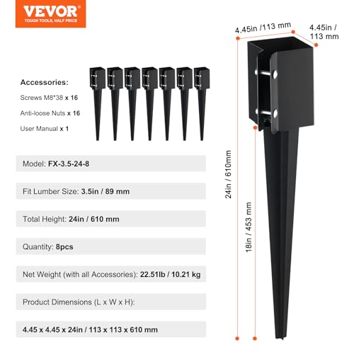 VEVOR Fence Post Anchor, 8 Pack 4 x 4 Inches Outer Diameter (Inner Diameter 3.5 x3.5 Inches) Ground Spike 24", Metal Black Powder Coated Post Stake Ground, for Mailbox Deck Garden Railing - size: 24 x 4 x 4 Inches
