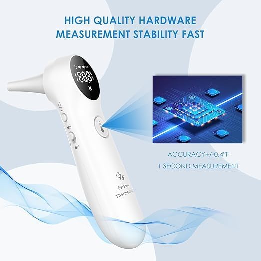 Pet Ear Thermometer for Dogs, Cats, and Livestock, Long Probe Designed, ℃/ ℉ Convert and Sound Switch Dedicated Button, 1 Second Measurement, 20 pcs Pet Swabs Included(White) - color: White