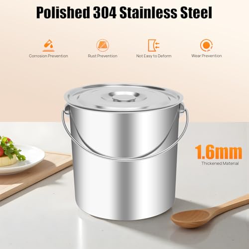 20L/5.2 Gal Stainless Steel Bucket with Lid & Handle, Silver Milk Pail | Metal Bucket Multipurpose Storage Container for Pet Food Rice Sand Ice - size: 20L