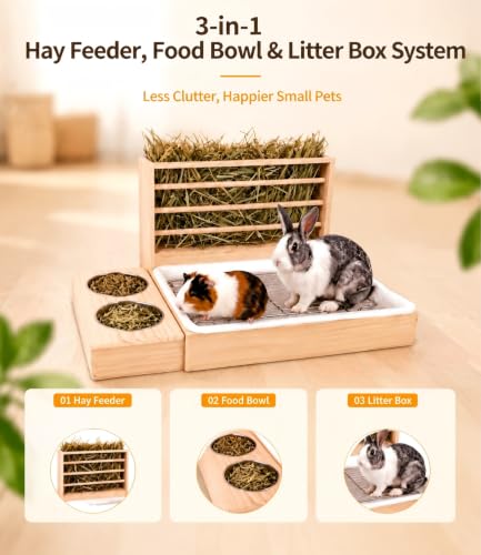 Rabbit Hay Feeder with Litter Box Bowls, 3-in-1 Wooden Rabbit Toilet | Large Capacity Rabbit Litter Box with Hay Feeder, Removable Tray Easy Clean,Bunny Guinea Pig Chinchilla Small Animals
