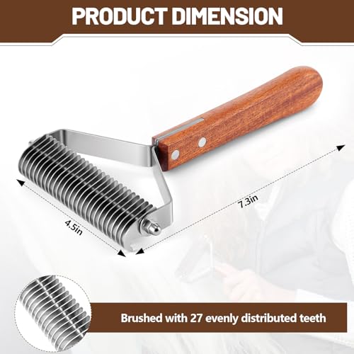 Abbylike Livestock Shedding Comb Grooming Dematting Brush Shedding Undercoat Rake for Cattle Horse Goat Cow Pets with 27 Stainless Steel Blades and Wood Handle - style: 1-sided