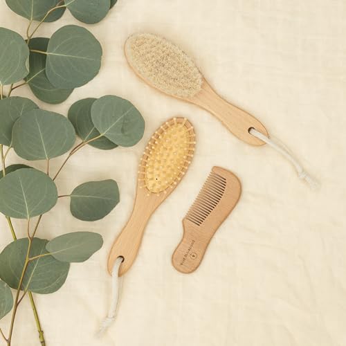 Natural Baby Brush Set - Wooden Brushes and Comb With Boho Travel Bag for Girl or Boy - Soft Goat Hair Brush for Cradle Cap, Bamboo Toddler Brush, Newborn Hairbrush for Scalp Grooming - color: Amber